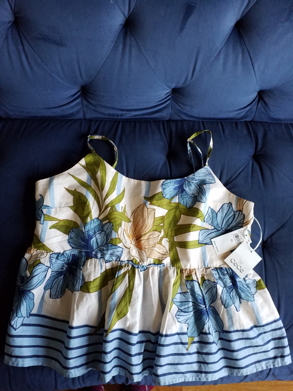 CeCe Floral Spaghetti-Strap Tank Top in Blue, Green & Cream